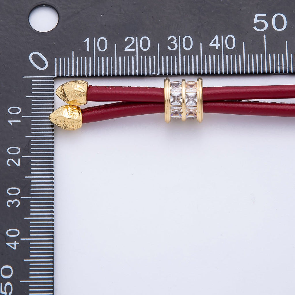 18K Gold Filled 3.3mm Brown, Red Faux Leather Baguette CZ Slide Bolo Chain 23.62 Inch Necklace | WA-01211 WA-01214