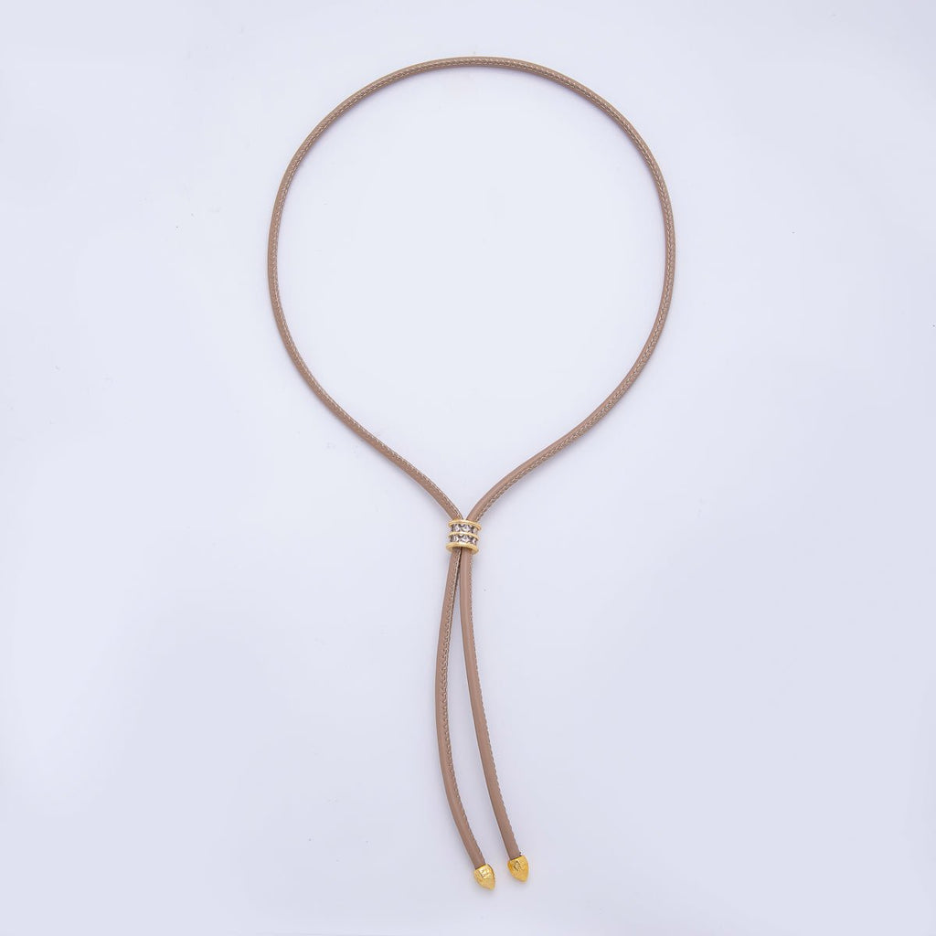 18K Gold Filled 3.3mm Brown, Red Faux Leather Baguette CZ Slide Bolo Chain 23.62 Inch Necklace | WA-01211 WA-01214