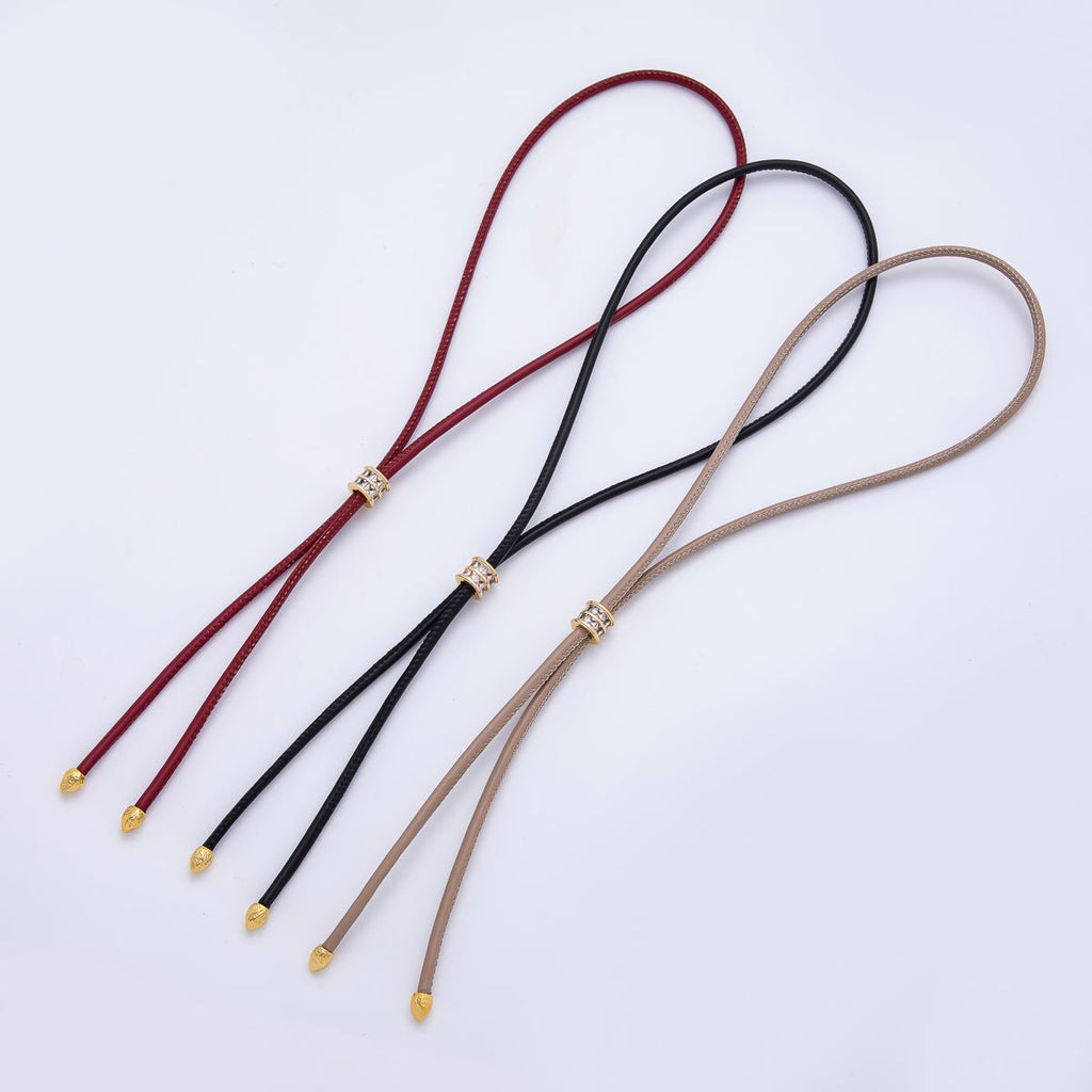 18K Gold Filled 3.3mm Brown, Red Faux Leather Baguette CZ Slide Bolo Chain 23.62 Inch Necklace | WA-01211 WA-01214