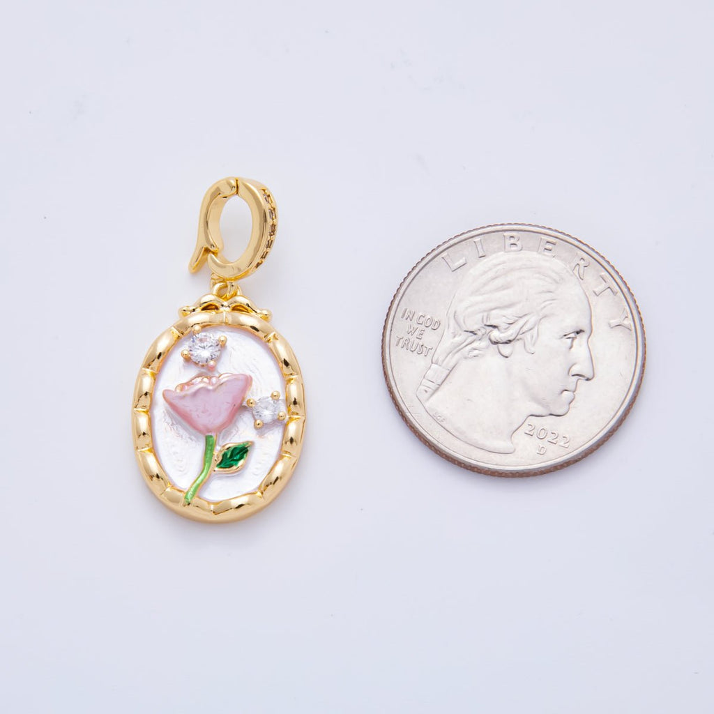 18K Gold Filled 33mm Shell Pearl CZ Flower Artisan Bezel Oval Snap Drop Bail Pendant | AH818