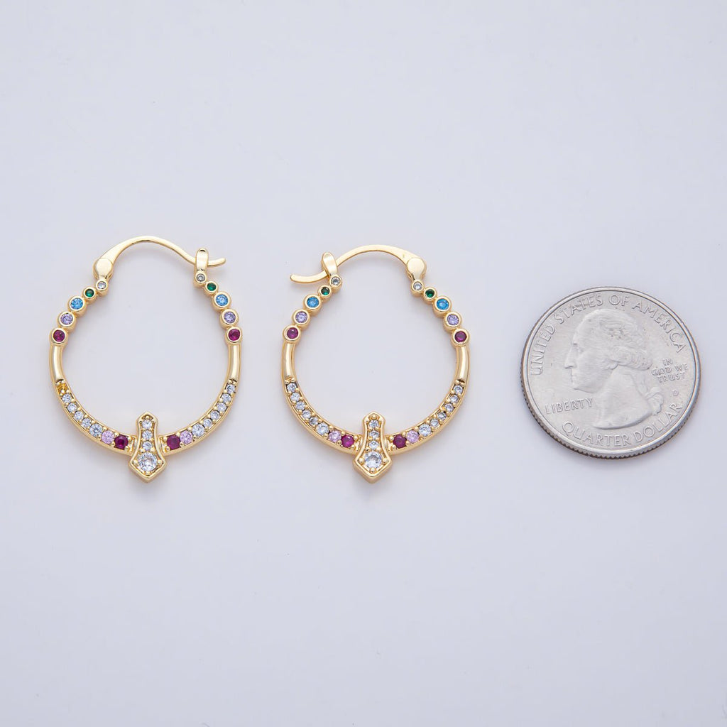18K Gold Filled 35mm Multicolor Micro Paved CZ Geometric Latch Hoop Earrings | AD1656