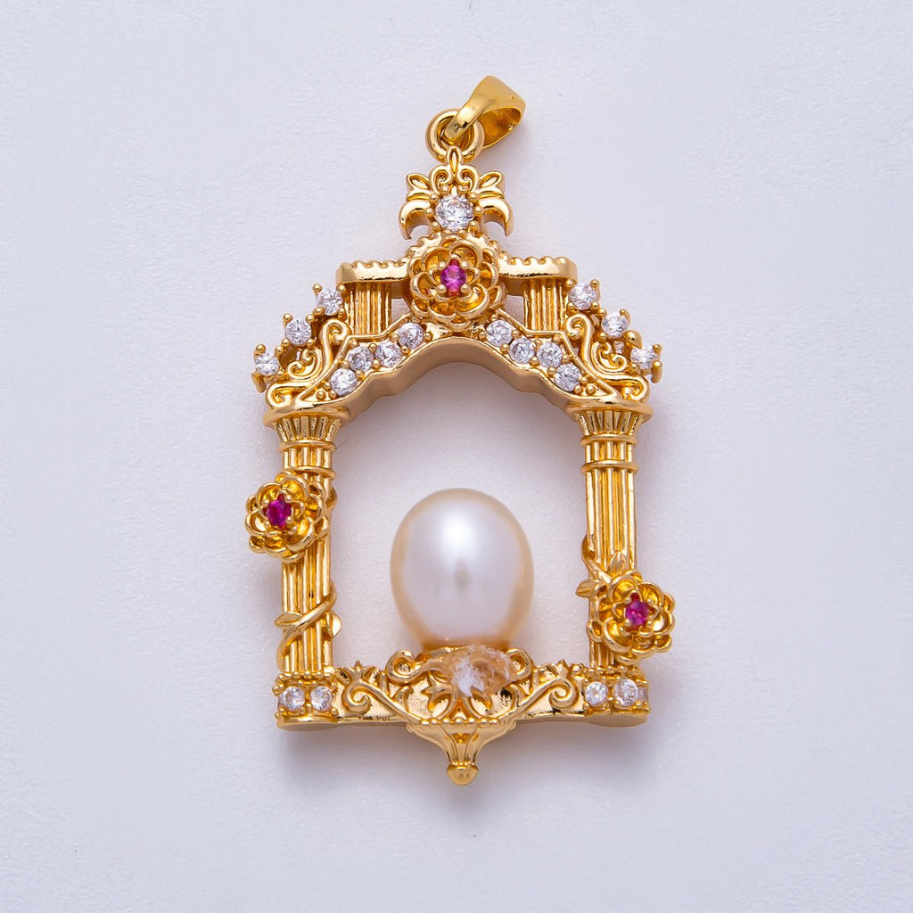 18K Gold Filled 36mm Micro Paved CZ Shell Pearl Artisan Palace Pendant in Gold & Silver | Charms-00541 Charms-00542