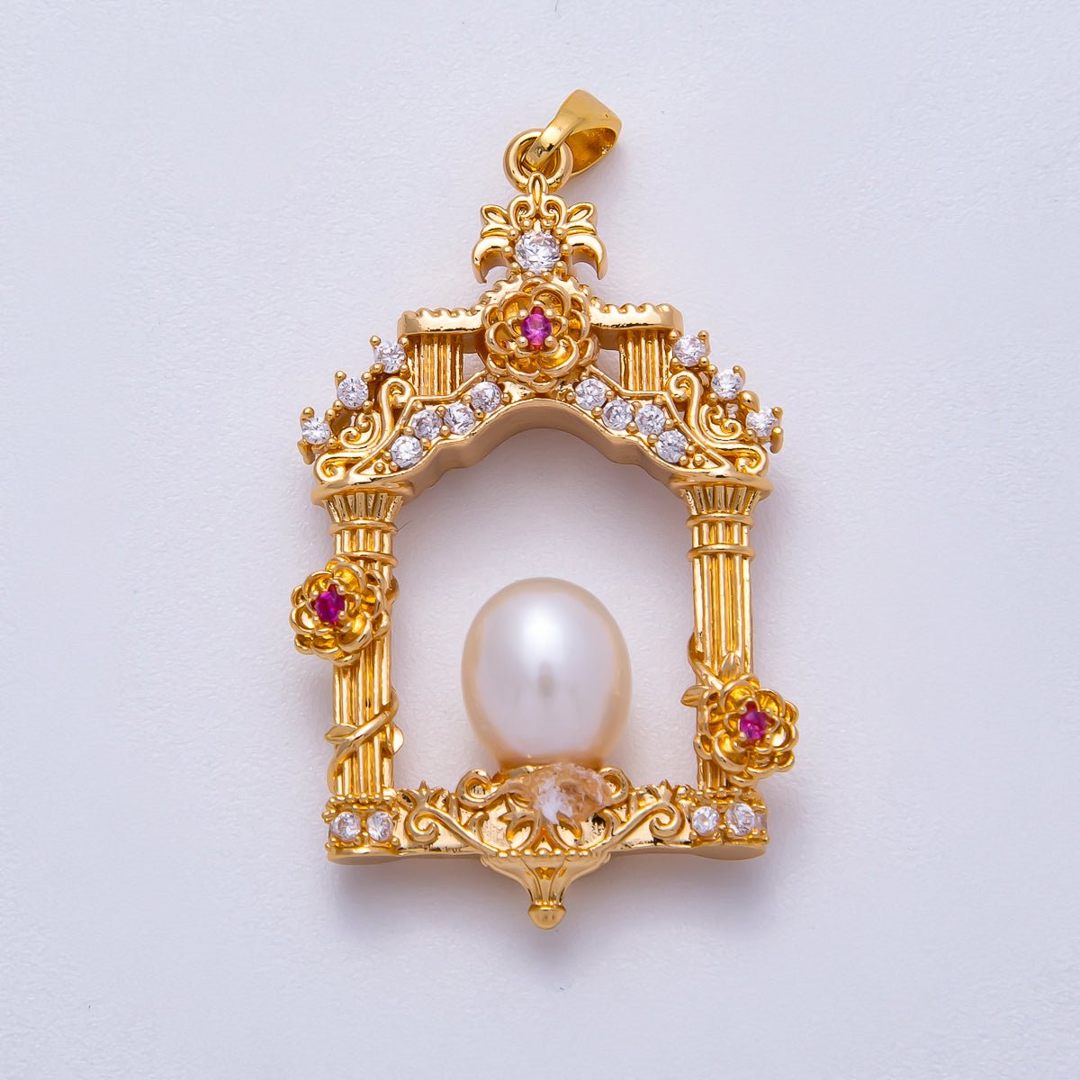 18K Gold Filled 36mm Micro Paved CZ Shell Pearl Artisan Palace Pendant in Gold & Silver | Charms-00541 Charms-00542