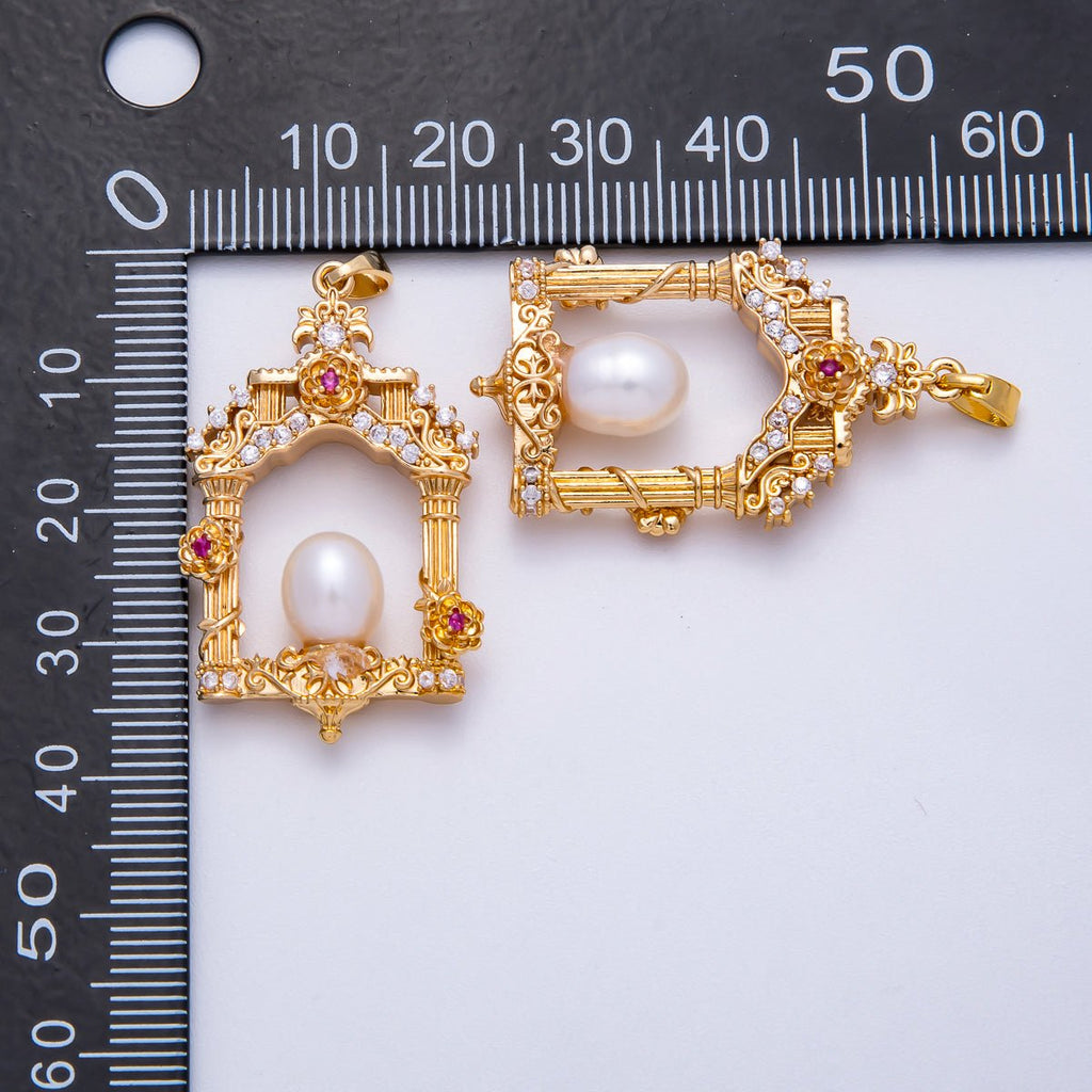 18K Gold Filled 36mm Micro Paved CZ Shell Pearl Artisan Palace Pendant in Gold & Silver | Charms-00541 Charms-00542