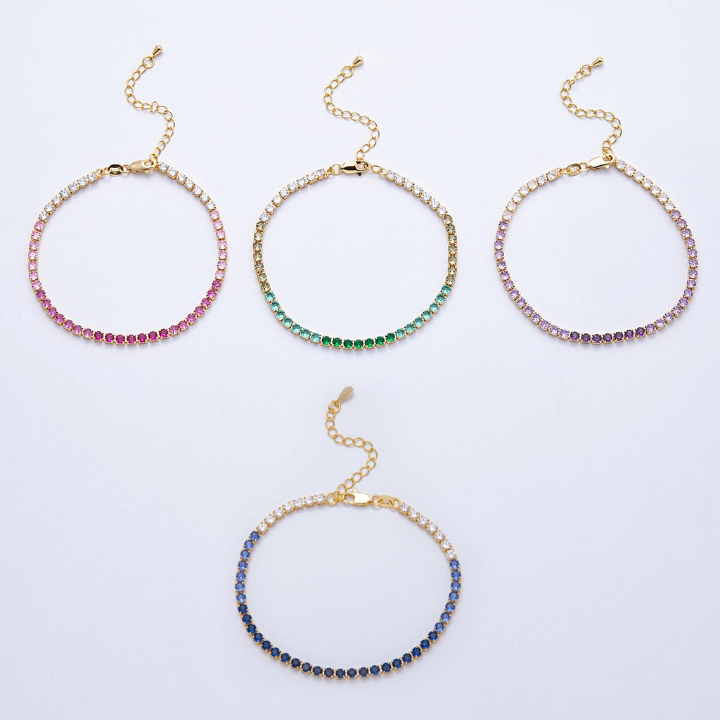 18K Gold Filled 3mm Purple, Green, Pink, Blue CZ Gradient Tennis Chain 7.87 Inch Bracelet w. Extender | WA-04222