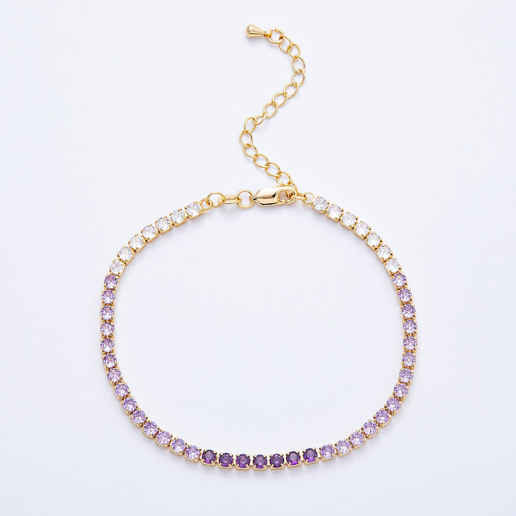 18K Gold Filled 3mm Purple, Green, Pink, Blue CZ Gradient Tennis Chain 7.87 Inch Bracelet w. Extender | WA-04222