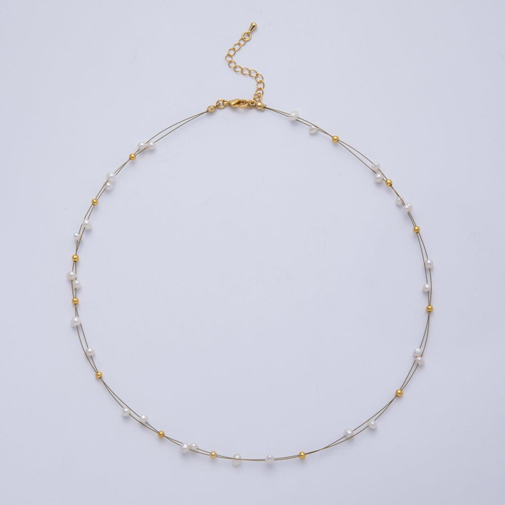 18K Gold Filled 3mm Shell Pearl Bead Wire Satellite Chain 17.5 Inch Necklace | WA-4087