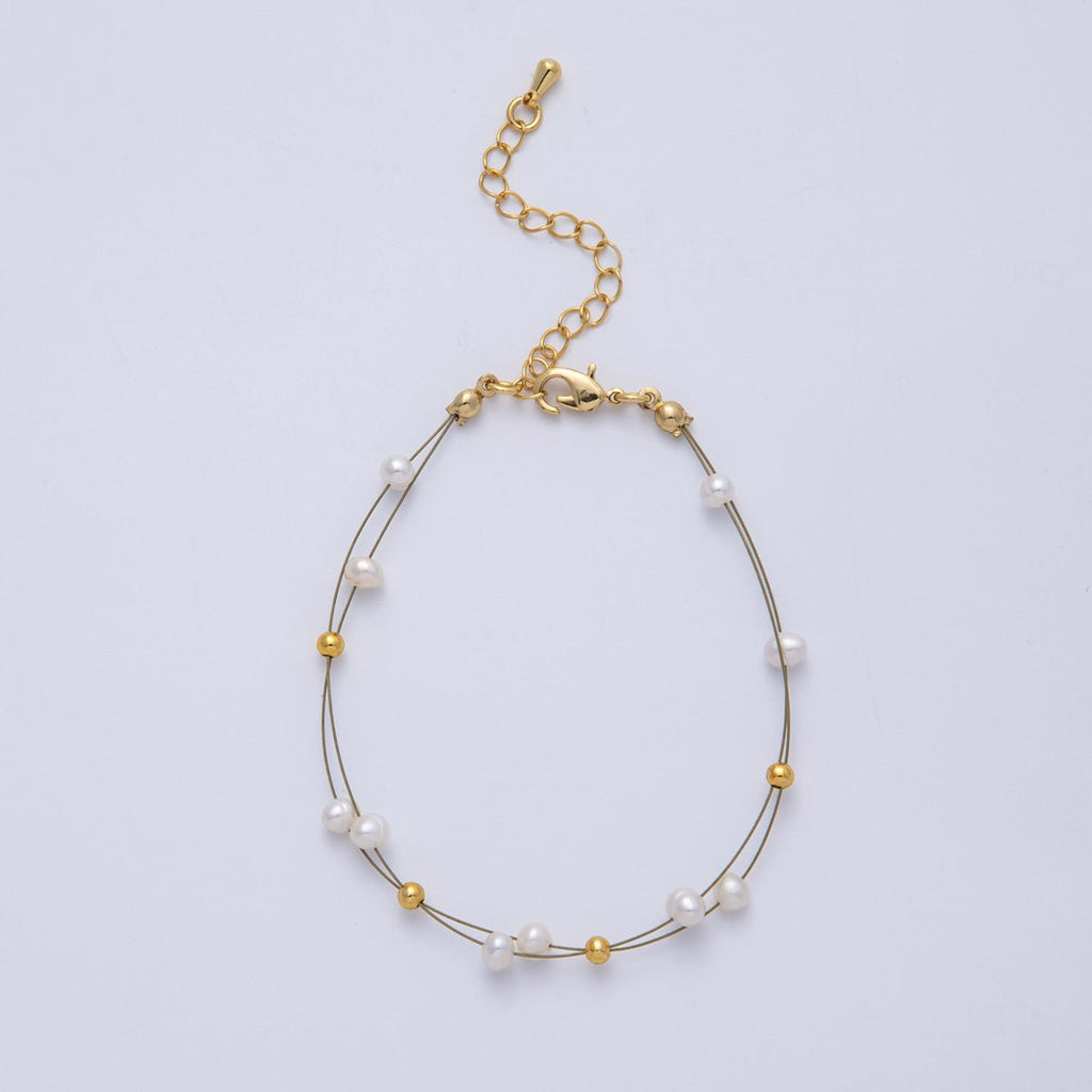 18K Gold Filled 3mm Shell Pearl Bead Wire Satellite Chain 6.9 Inch Bracelet | WA-4088