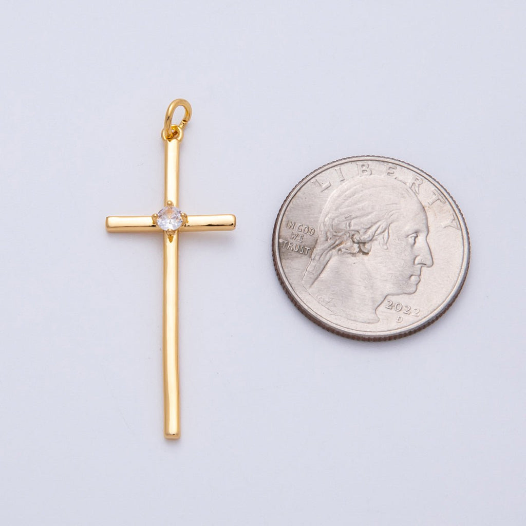 18K Gold Filled 41mm Clear CZ Religious Cross Minimalist Charm | Charms-00253