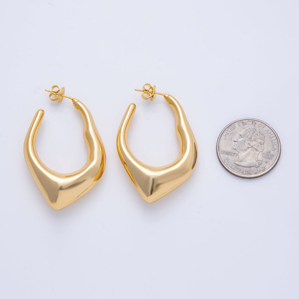 18K Gold Filled 45mm Hammered Geometric J-Shaped Hoop Earrings | T496