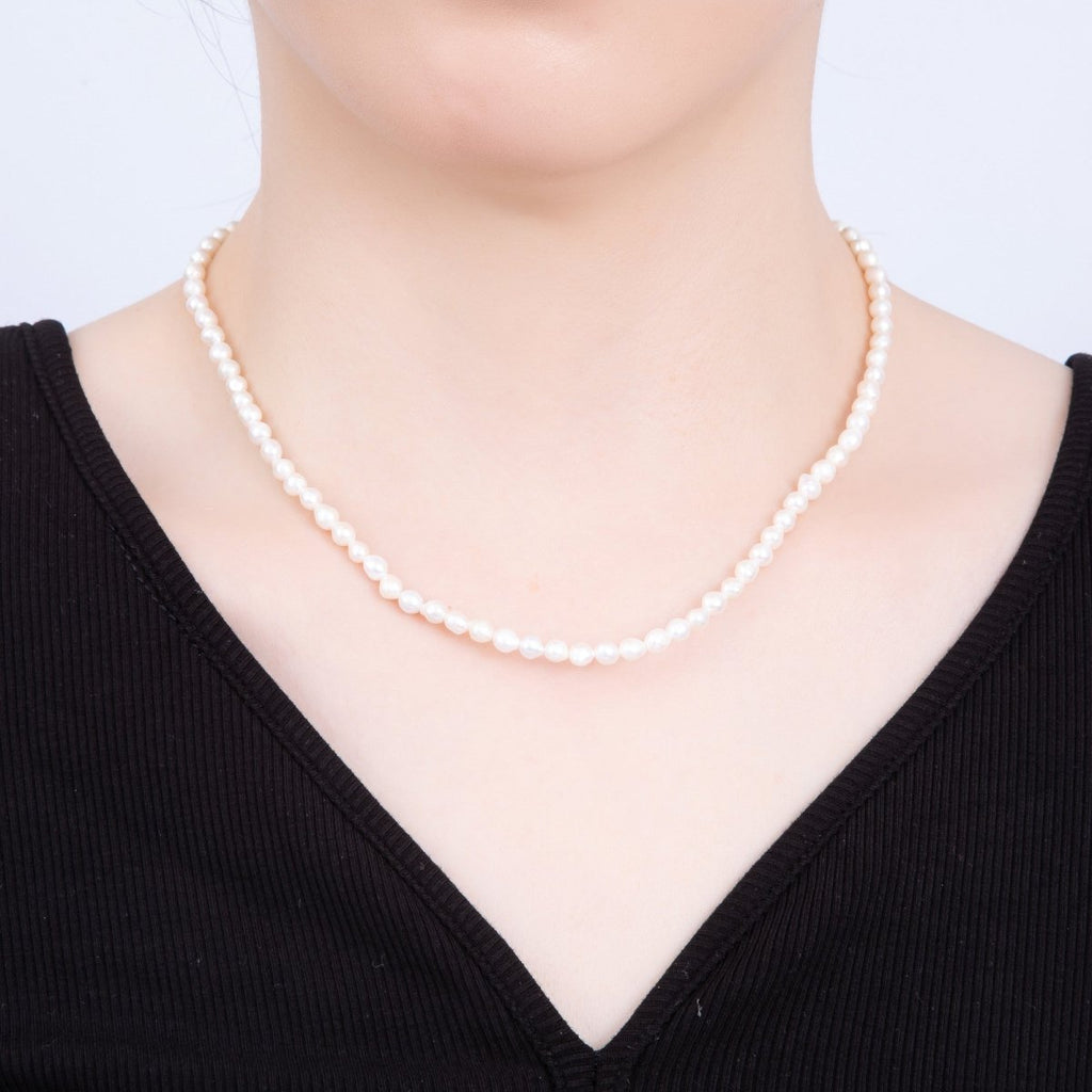 18K Gold Filled 4.5mm White Beige Round Button Freshwater Pearl 15.62 Inch Necklace | WA-04262