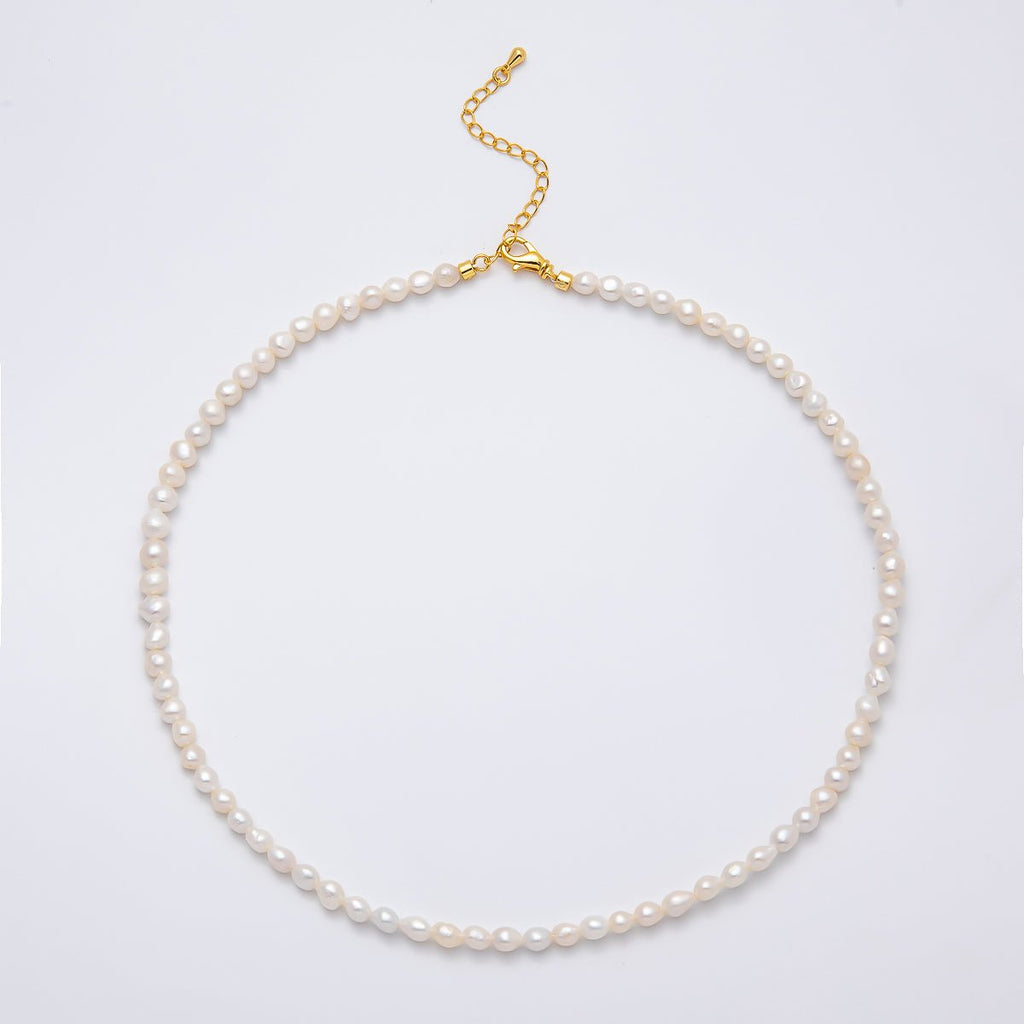 18K Gold Filled 4.5mm White Beige Round Button Freshwater Pearl 15.62 Inch Necklace | WA-04262