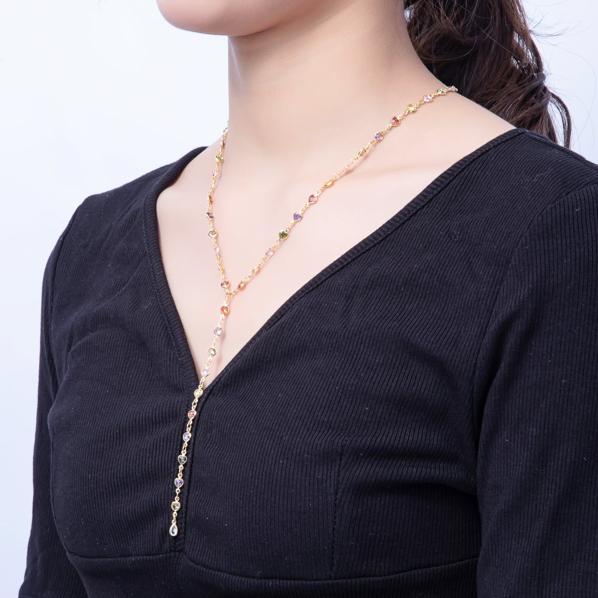 18K Gold Filled 4.6mm Multicolor CZ Bezel Heart Lariat Chain 18 Inch Necklace | WA-3967