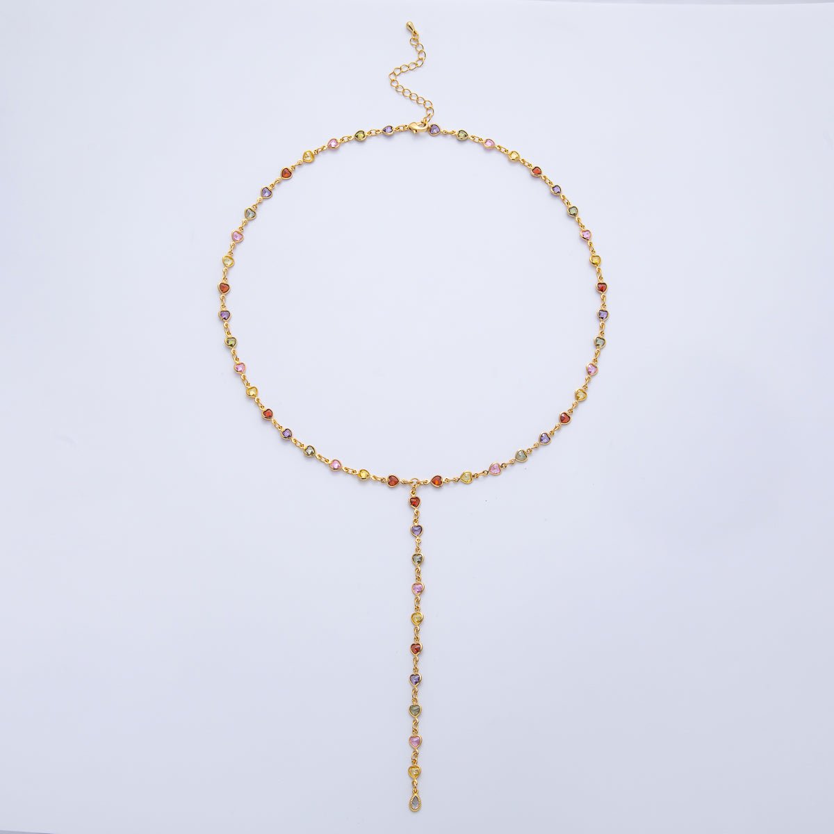 18K Gold Filled 4.6mm Multicolor CZ Bezel Heart Lariat Chain 18 Inch Necklace | WA-3967