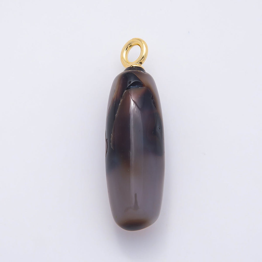 18K Gold Filled 48mm Dark Grey Agate Gemstone Ovoid Oval Tube Charm | Charms-01074
