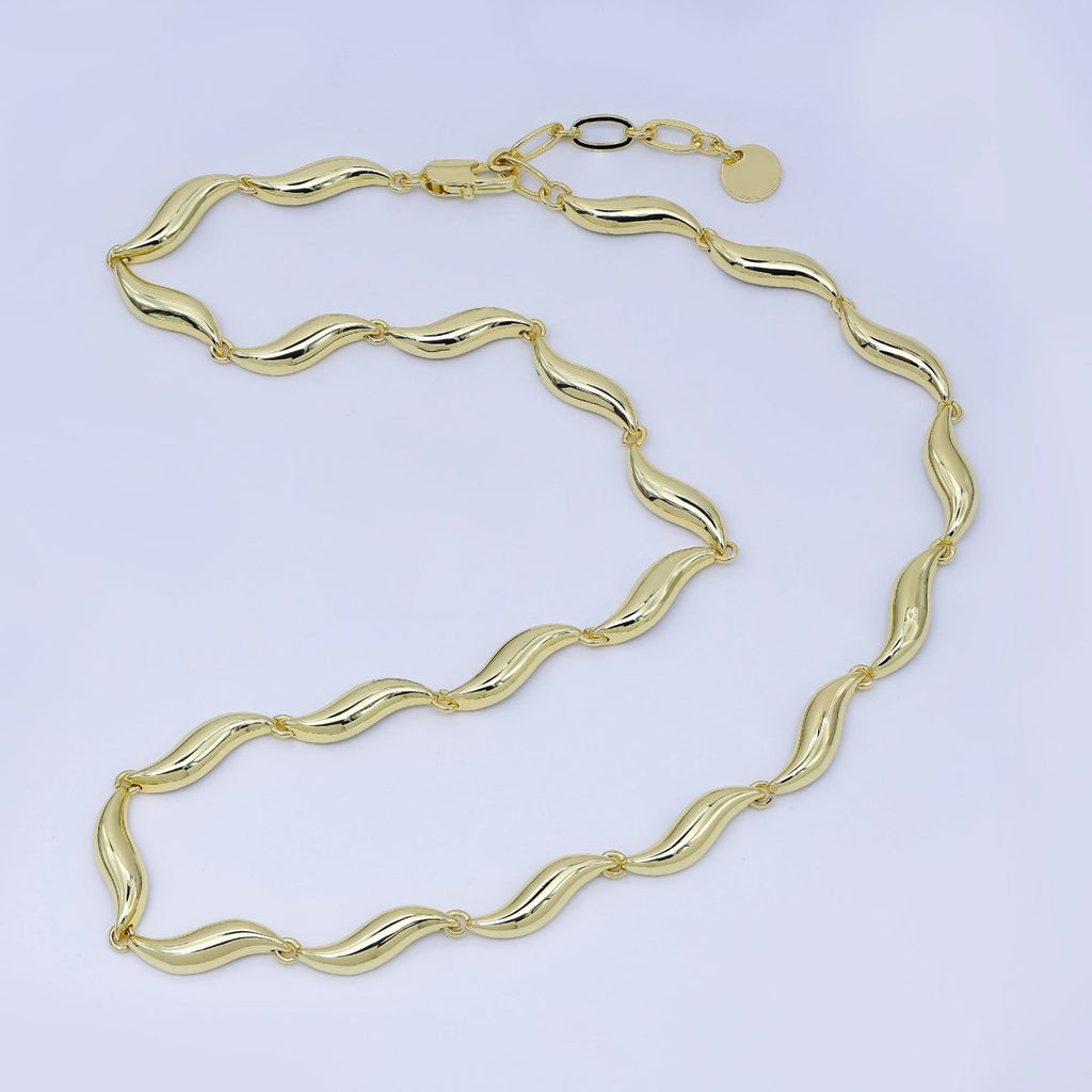 18K Gold Filled 4.8mm Twisted Curved Geometric 16 Inch Necklace w. Paperclip Extender in Gold & Silver | WA-4006 WA-4007