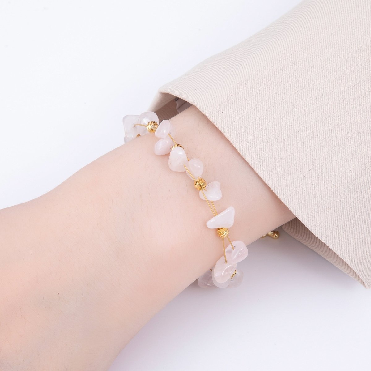 18K Gold Filled 4mm Pebble Chip Natural Gemstone Ball Bead Chain 7 Inch Bracelet w. Extender | WA-04417 ~ WA-04420