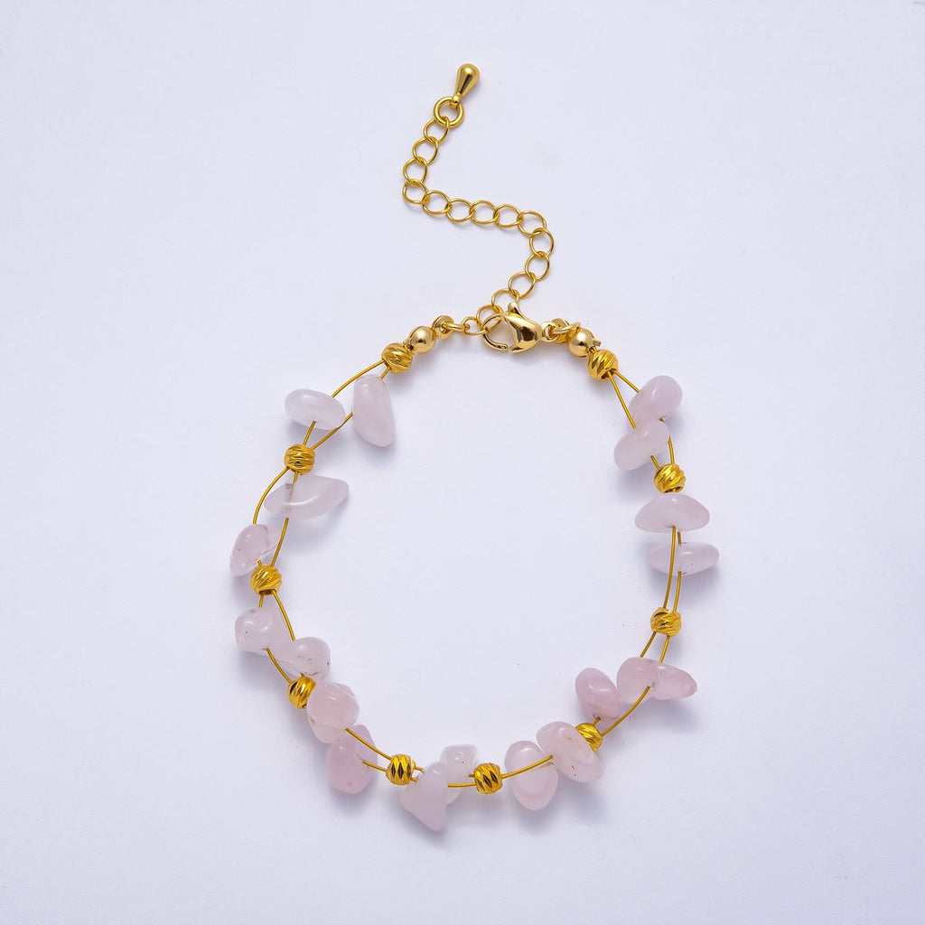 18K Gold Filled 4mm Pebble Chip Natural Gemstone Ball Bead Chain 7 Inch Bracelet w. Extender | WA-04417 ~ WA-04420