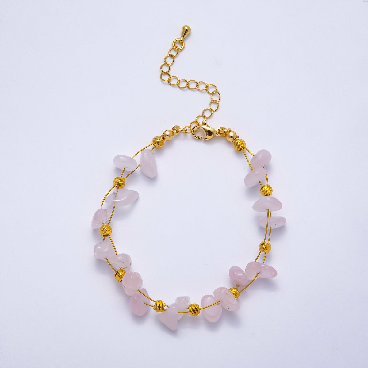 18K Gold Filled 4mm Pebble Chip Natural Gemstone Ball Bead Chain 7 Inch Bracelet w. Extender | WA-04417 ~ WA-04420
