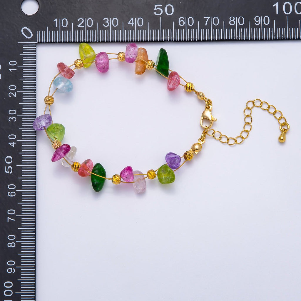 18K Gold Filled 4mm Pebble Chip Natural Gemstone Ball Bead Chain 7 Inch Bracelet w. Extender | WA-04417 ~ WA-04420