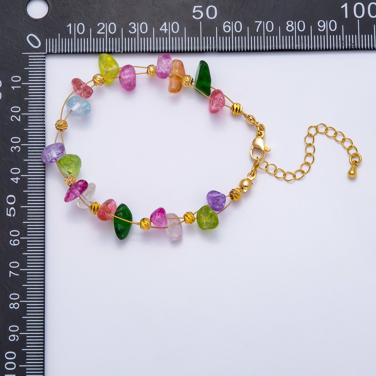 18K Gold Filled 4mm Pebble Chip Natural Gemstone Ball Bead Chain 7 Inch Bracelet w. Extender | WA-04417 ~ WA-04420