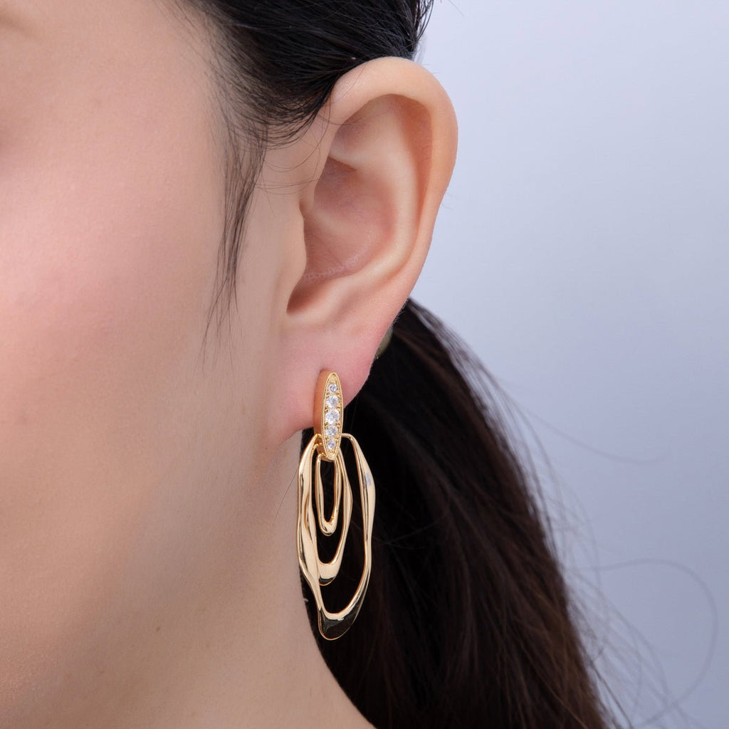 18K Gold Filled 50mm Micro Paved CZ Wavy Molten Oval Drop Stud Earrings | AD1590