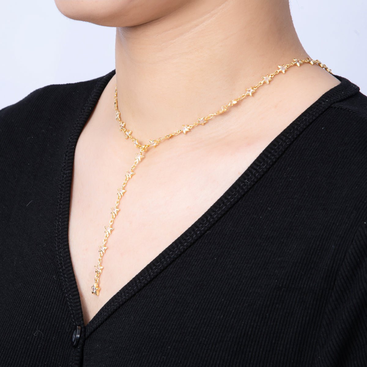 18K Gold Filled 5.5mm Clear CZ Celestial Star Chain 18.5 Inch Lariat Necklace w. Extender | WA-04197