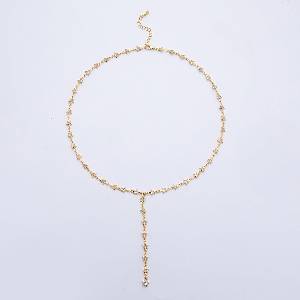 18K Gold Filled 5.5mm Clear CZ Celestial Star Chain 18.5 Inch Lariat Necklace w. Extender | WA-04197