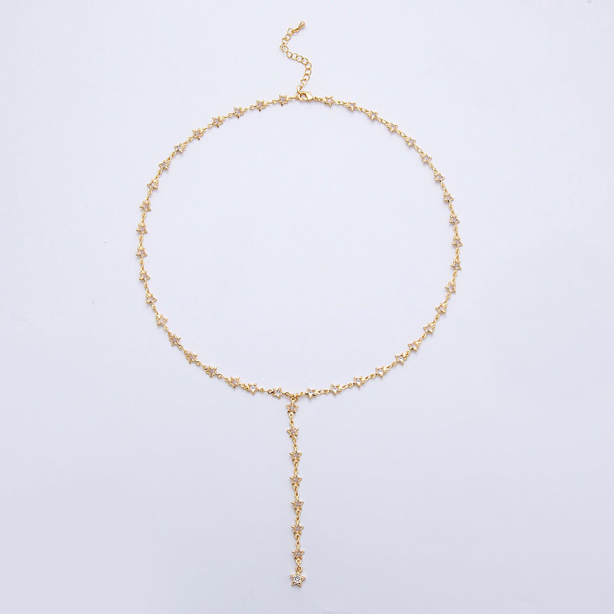 18K Gold Filled 5.5mm Clear CZ Celestial Star Chain 18.5 Inch Lariat Necklace w. Extender | WA-04197