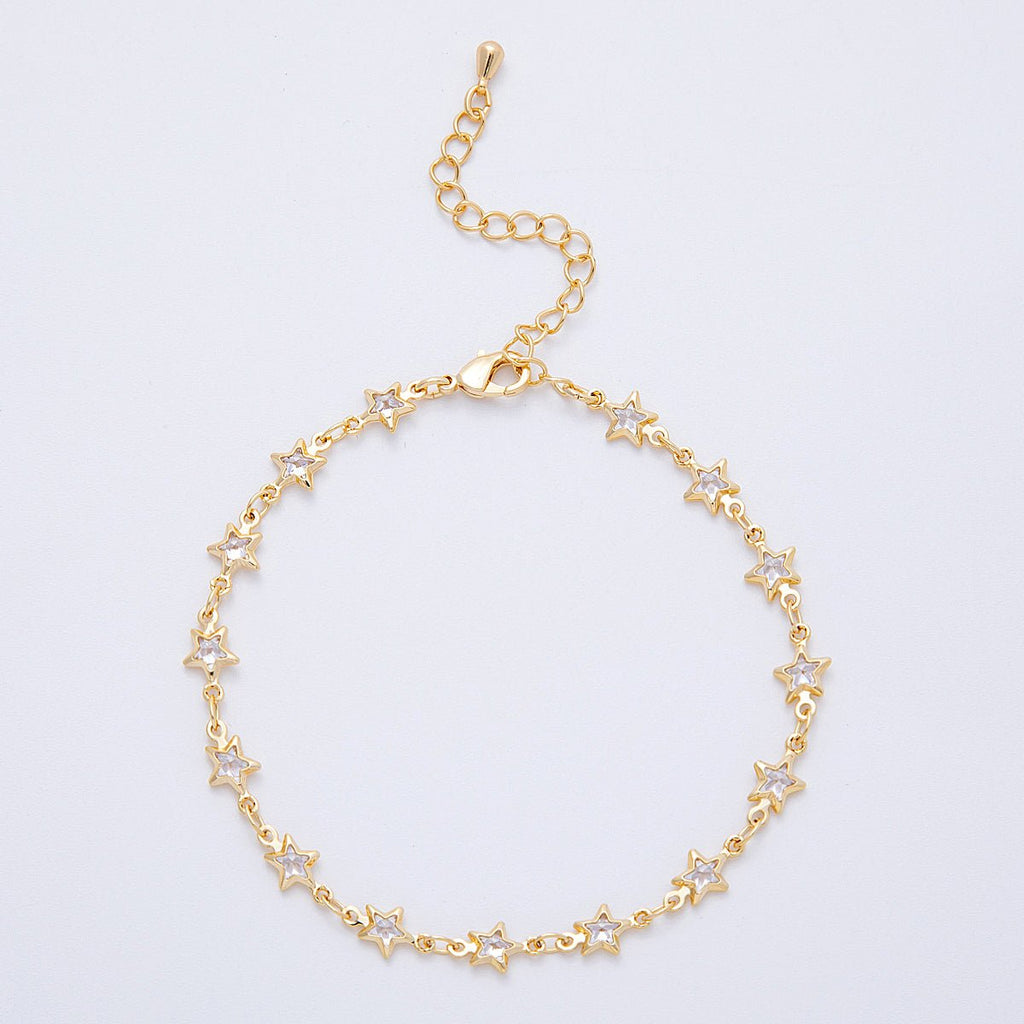 18K Gold Filled 5.5mm Clear CZ Celestial Star Chain 7 Inch Bracelet w. Extender | WA-04199