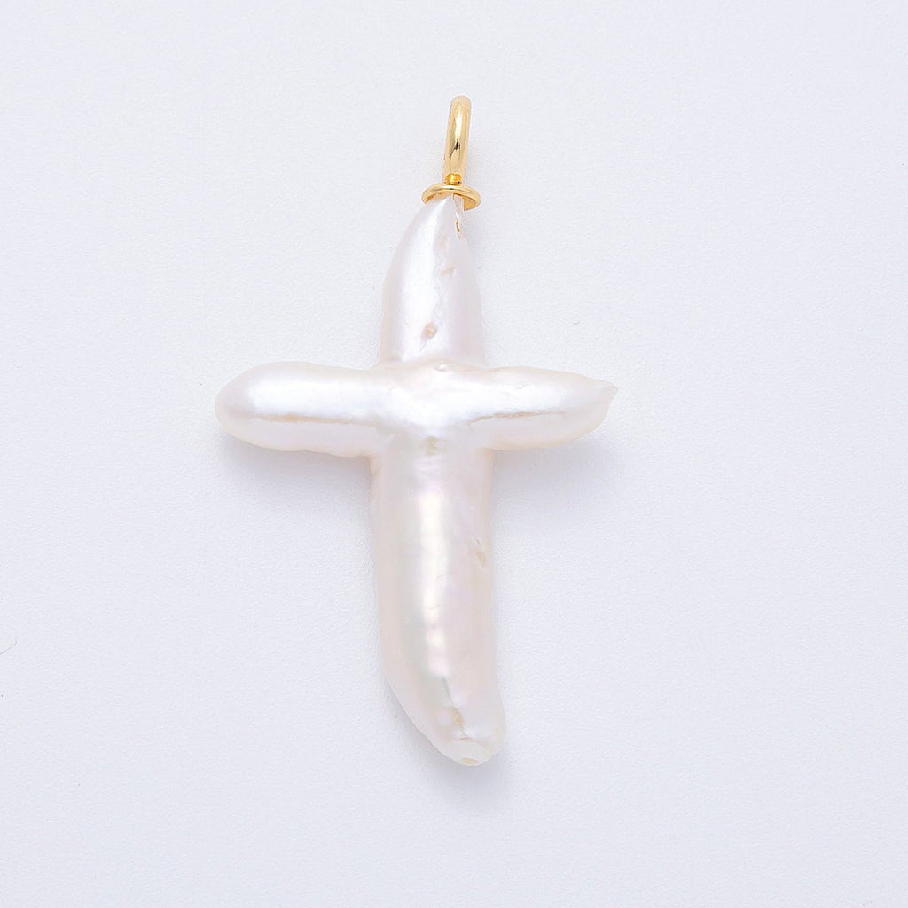 18K Gold Filled 55mm White Freshwater Pearl Religious Cross Pendant | Charms-00434