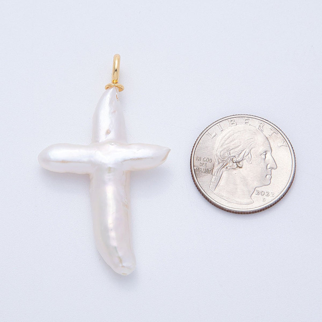 18K Gold Filled 55mm White Freshwater Pearl Religious Cross Pendant | Charms-00434
