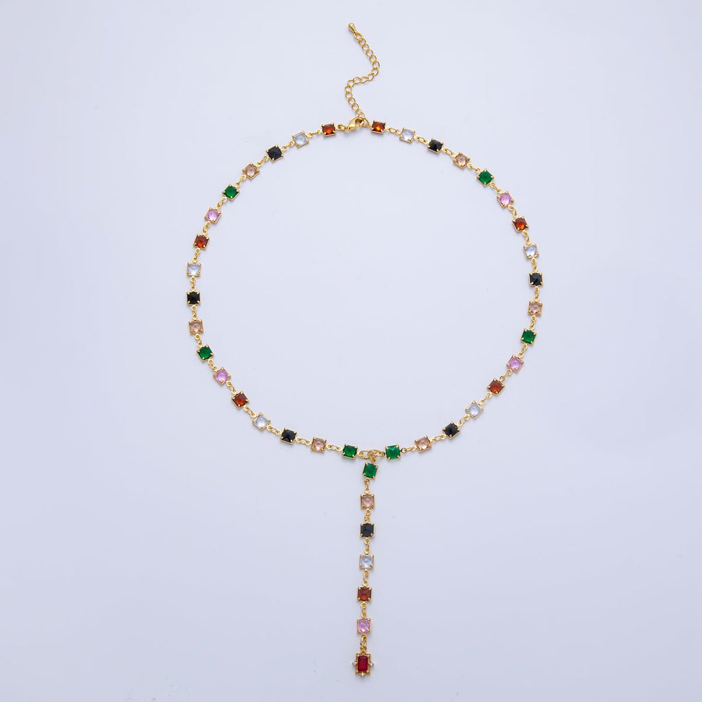 18K Gold Filled 5.7mm Multicolor Square CZ Gemstone Lariat 18 Inch Necklace w. Extender | WA-3940