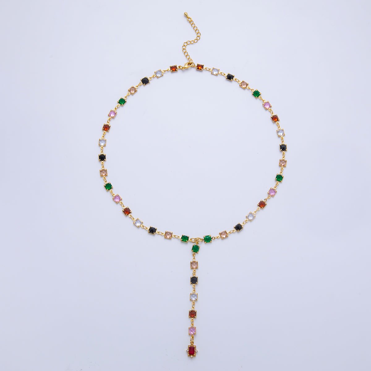 18K Gold Filled 5.7mm Multicolor Square CZ Gemstone Lariat 18 Inch Necklace w. Extender | WA-3940