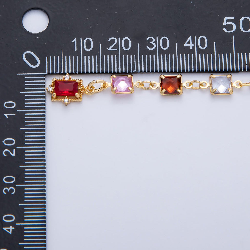 18K Gold Filled 5.7mm Multicolor Square CZ Gemstone Lariat 18 Inch Necklace w. Extender | WA-3940