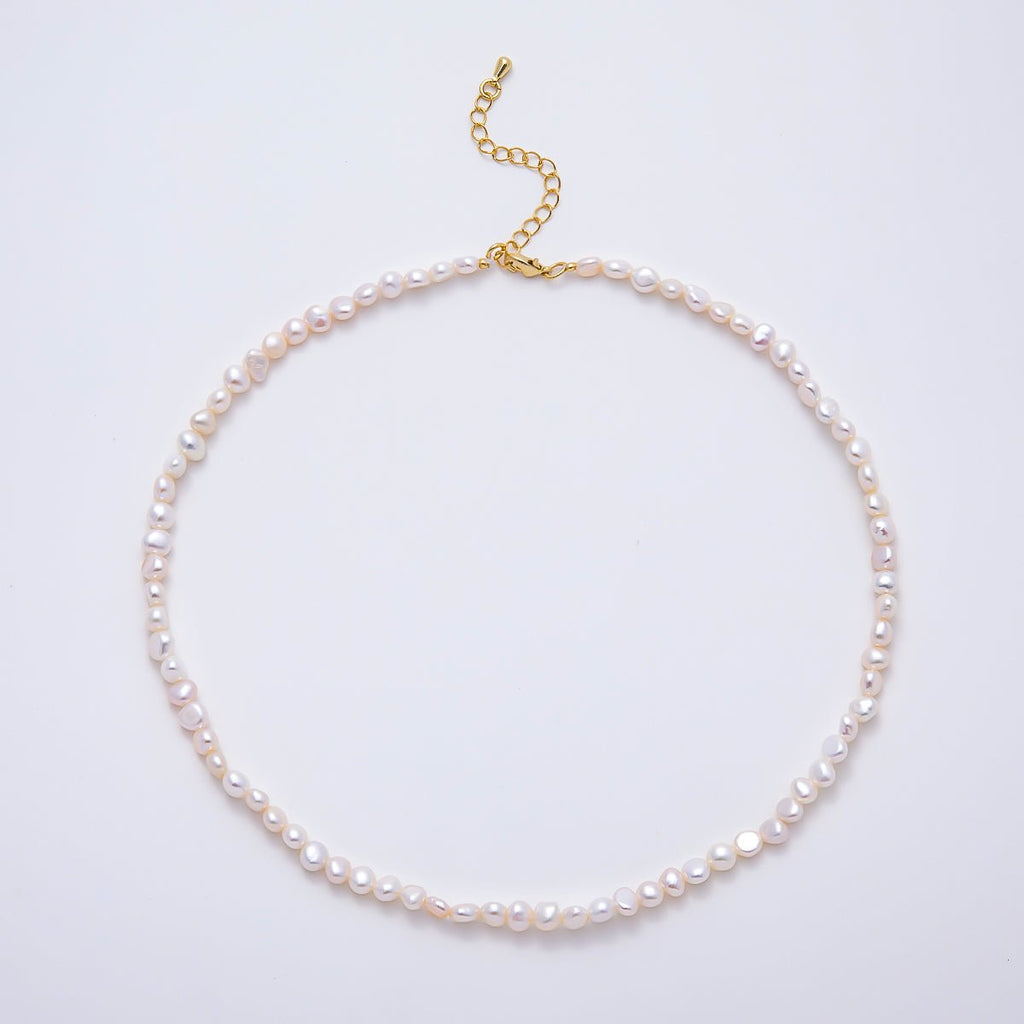 18K Gold Filled 5mm White Button Freshwater Pearl Gemstone Chain 15 Inch Choker Necklace | WA-02297