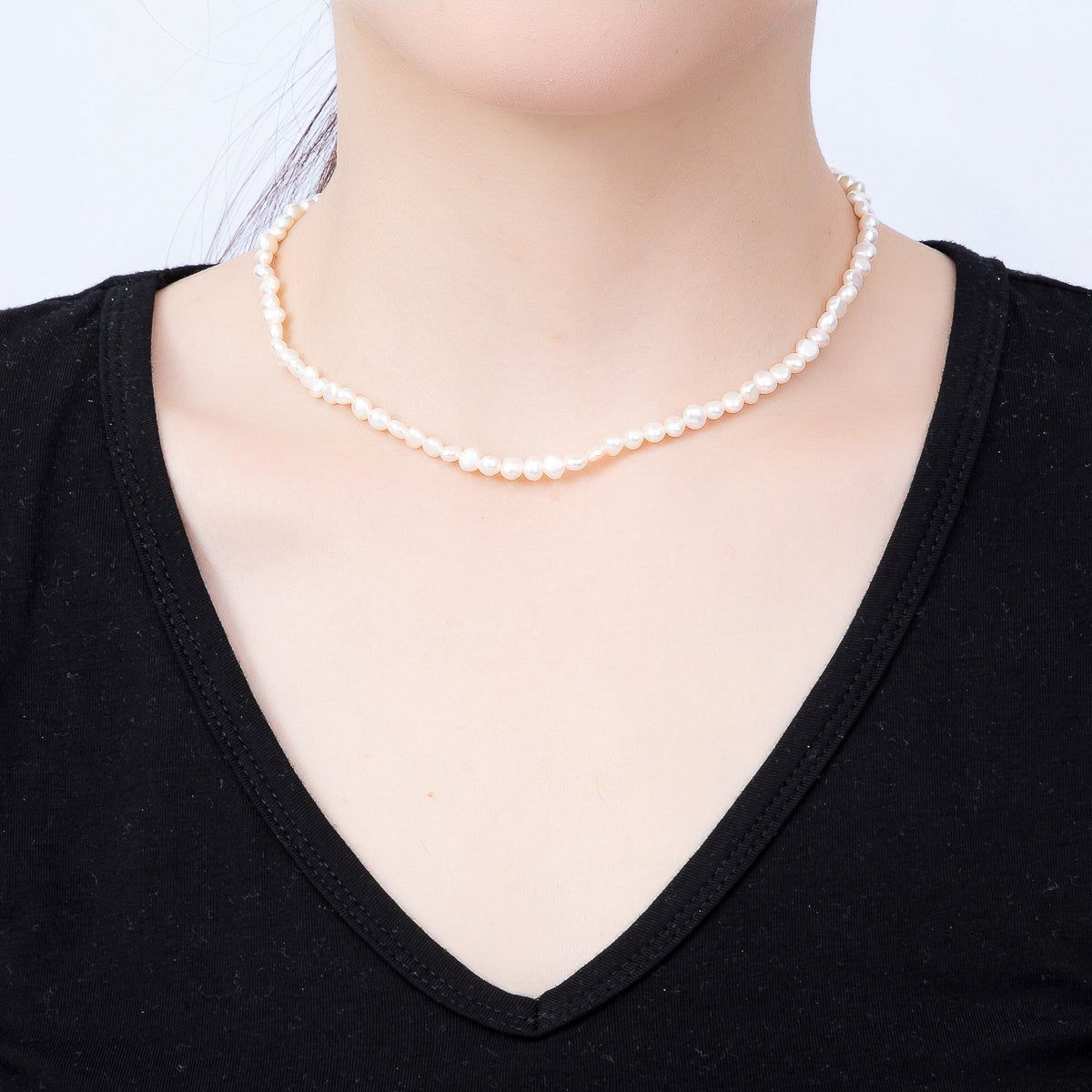 18K Gold Filled 5mm White Button Freshwater Pearl Gemstone Chain 15 Inch Choker Necklace | WA-02297