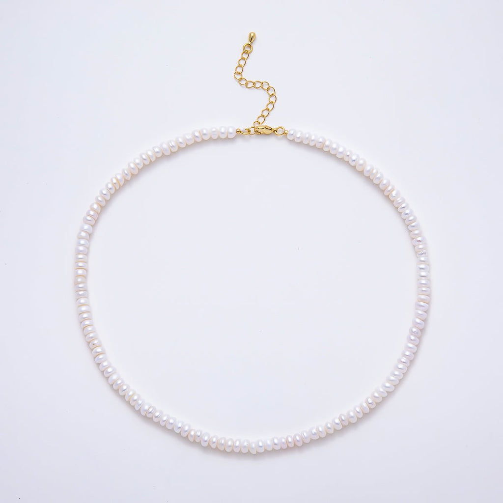 18K Gold Filled 5mm White Freshwater Pearl Rondelle Gemstone Chain 15 Inch Choker Necklace | WA-02321
