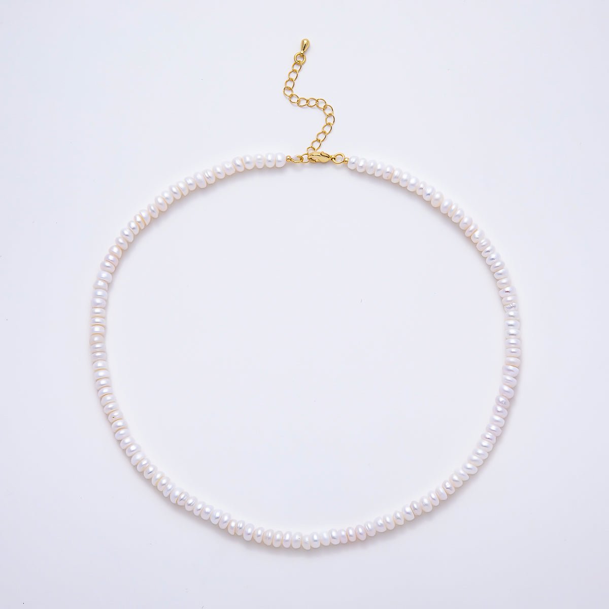 18K Gold Filled 5mm White Freshwater Pearl Rondelle Gemstone Chain 15 Inch Choker Necklace | WA-02321