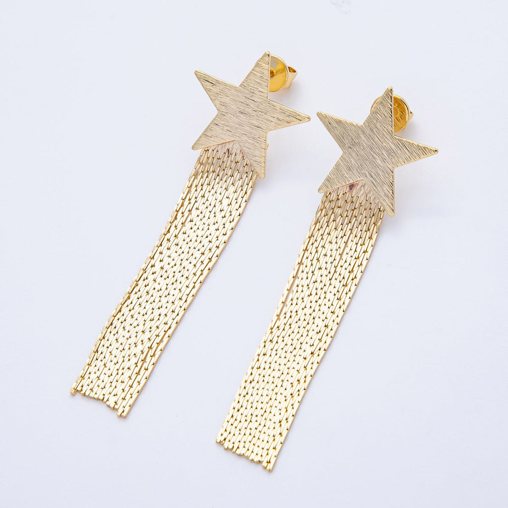 18K Gold Filled 63.3mm Textured Star Snake Chain Fringe Drop Stud Earrings | T488