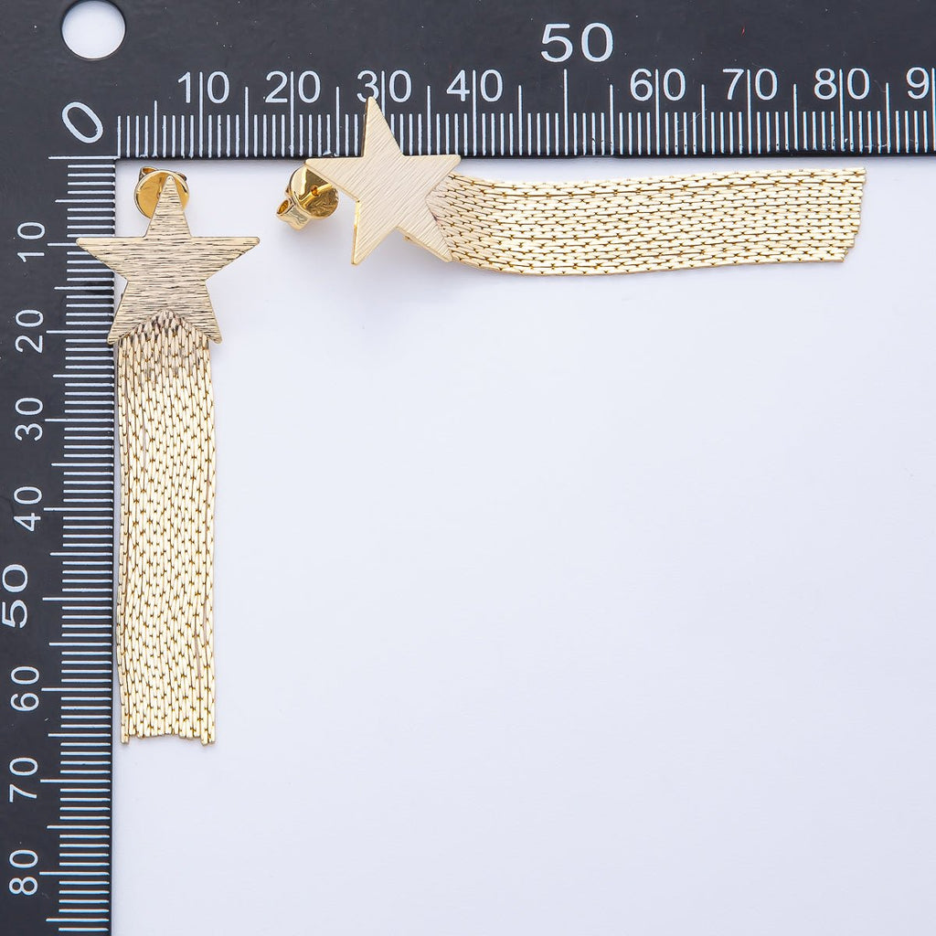 18K Gold Filled 63.3mm Textured Star Snake Chain Fringe Drop Stud Earrings | T488