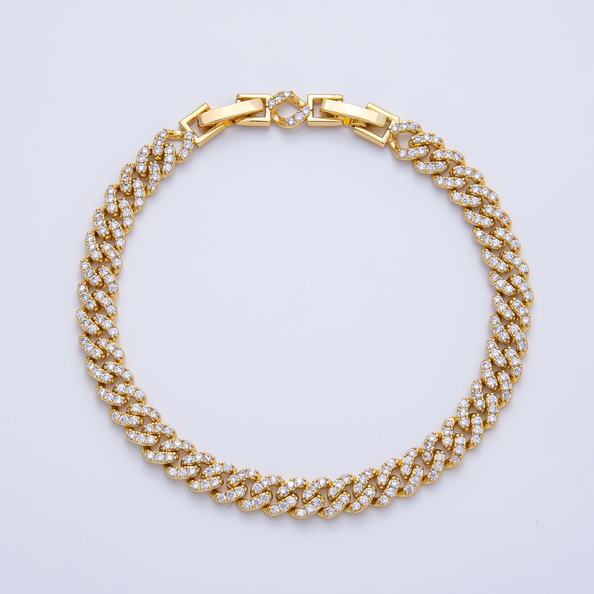 18K Gold Filled 6.3mm Micro Paved CZ Curb Chain 7 Inch Adjustable Bracelet | WA-3887