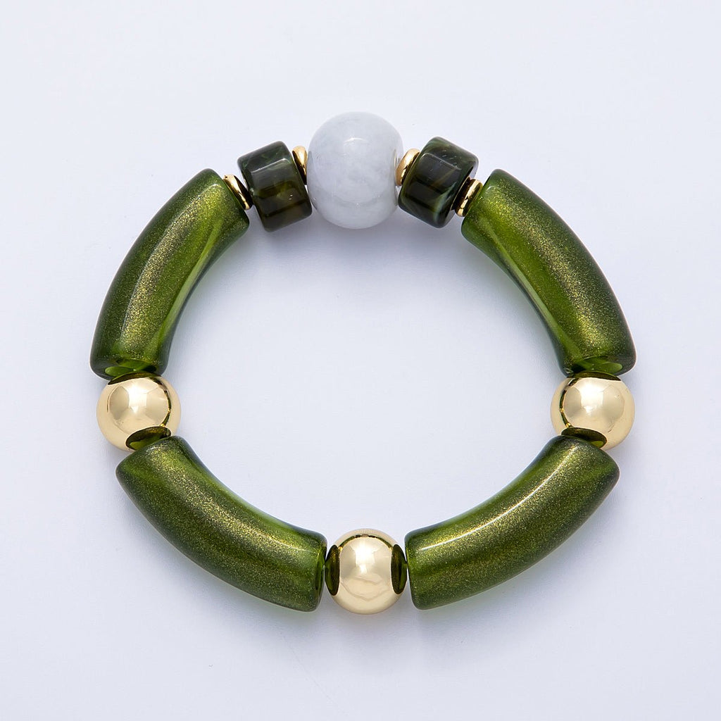 18K Gold Filled 6mm Green Peridot Gemstone Bead Stretch Bracelet | WA-04139