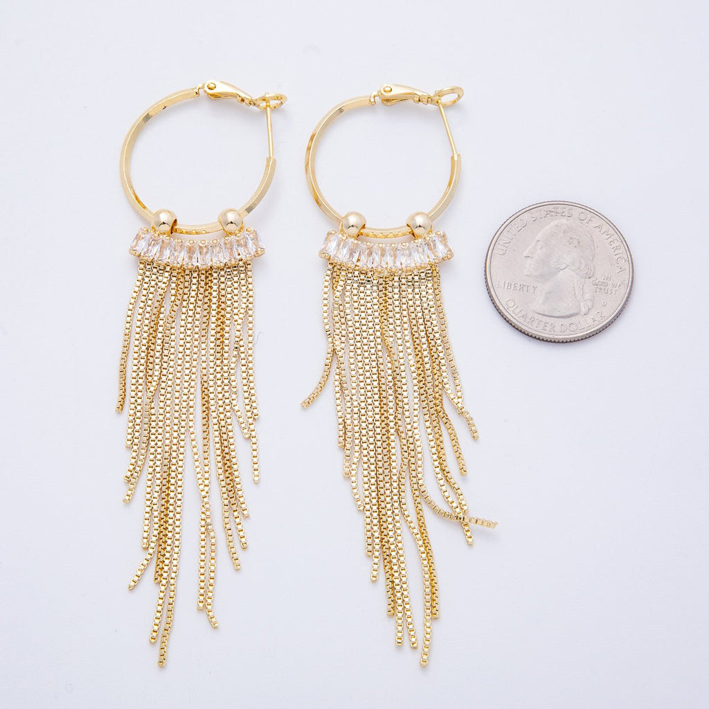 18K Gold Filled 76mm Clear Baguette CZ Box Chain Tassel C-Shaped Hinge Hoop Earrings | T013