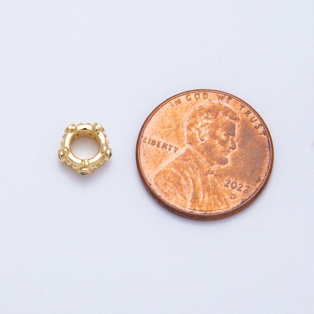 18K Gold Filled 7mm Clear CZ Geometric Dotted Rondelle Spacer Bead | Beads-00165