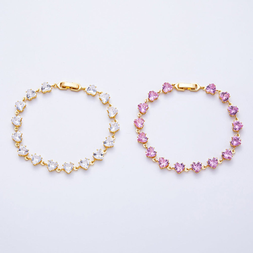 18K Gold Filled 7mm Clear, Pink CZ Heart Tennis Chain 7 Inch Bracelet | WA-04216 WA-04217