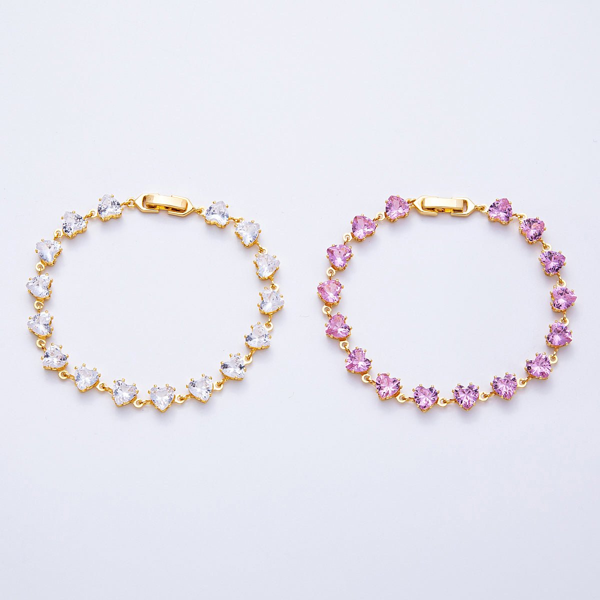 18K Gold Filled 7mm Clear, Pink CZ Heart Tennis Chain 7 Inch Bracelet | WA-04216 WA-04217