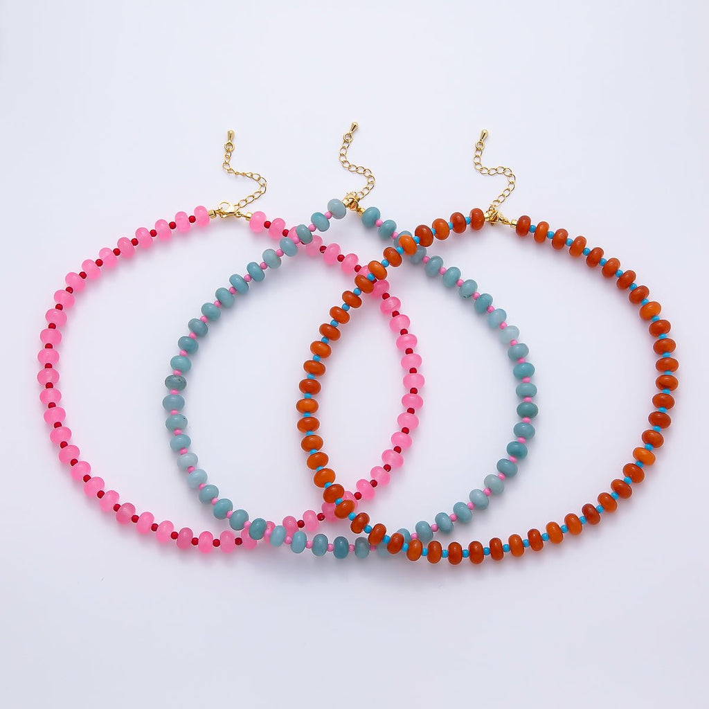 18K Gold Filled 8mm Pink, Blue, Red Multicolor Spacer Rondelle Gemstone 16.5 Inch Choker Necklace | WA-04634 ~ WA-04636