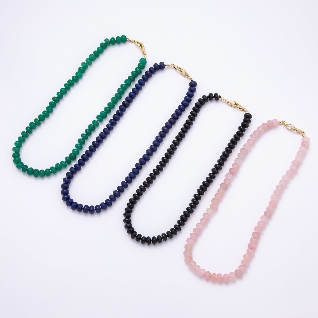 18K Gold Filled 8mm Aventurine, Onyx, Lapis Lazuli, Rose Quartz Rondelle Gemstone Chain 17 Inch Necklace w. Dual Push Gate | WA-04664 ~ WA-04667