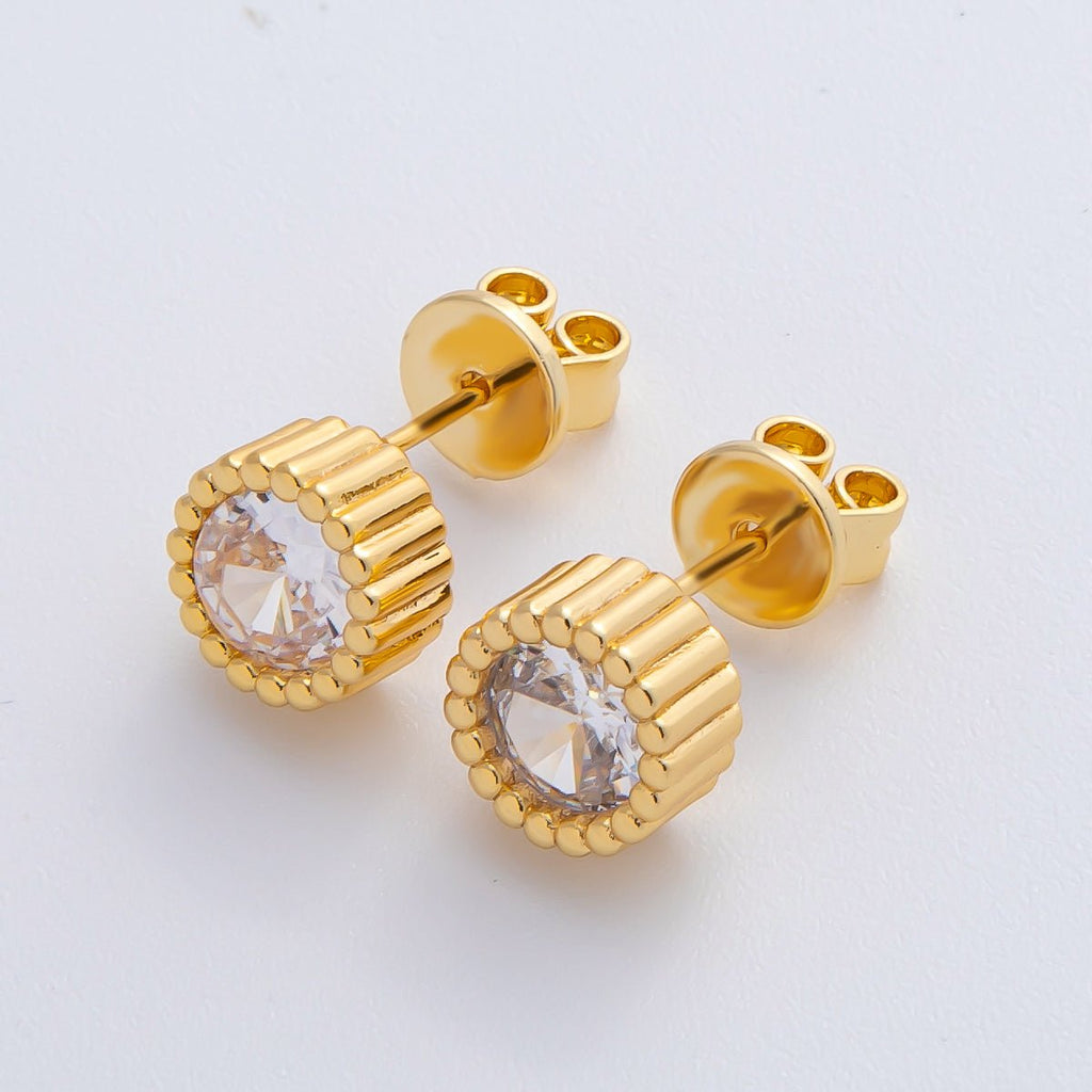 18K Gold Filled 9mm Clear CZ Ribbed Round Stud Earrings | AD1629
